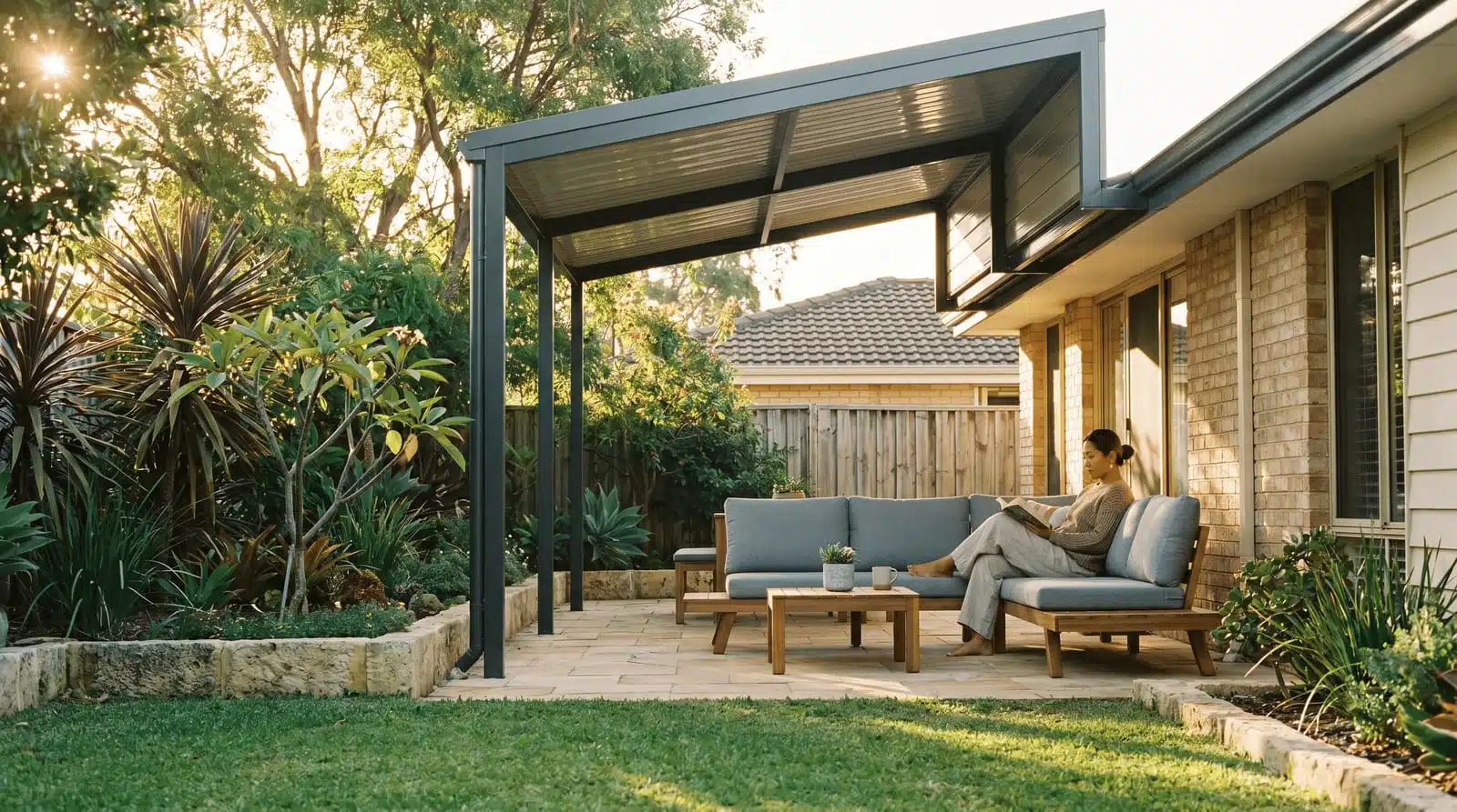 Skillion patio Perth with outdoor lounge seating